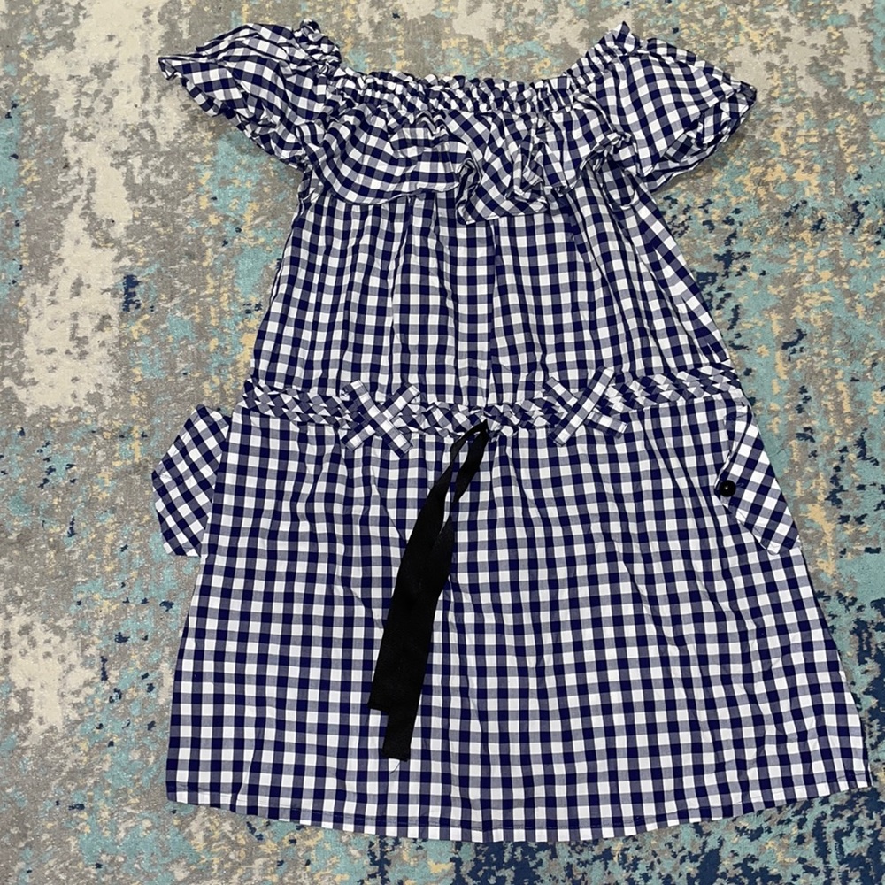 Unitedwood Blue/White Checkered Belted Off-Shoulder Mini Dress Size 6